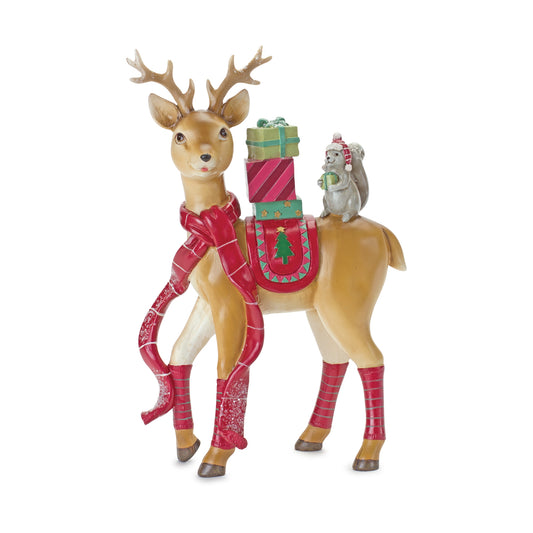 Whimsical Winter Deer and Squirrel Figurine 10"H