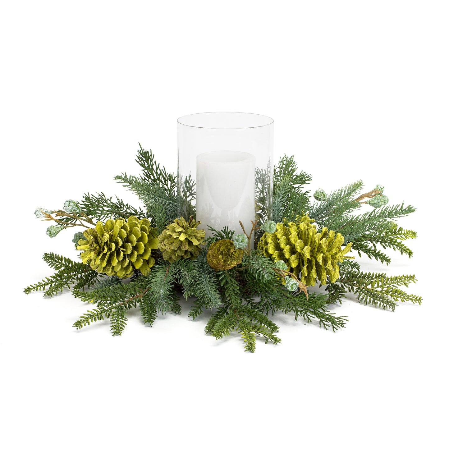 Mixed Winter Pine Cone Candle Holder with Glass Hurricane 18"D