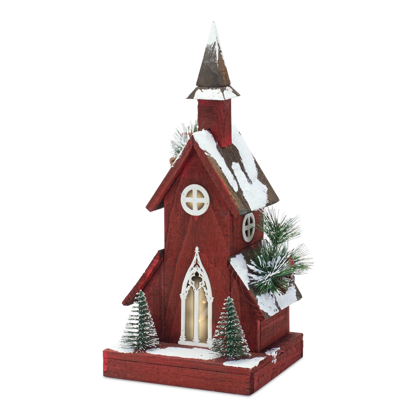 Lighted Winter Church Display with Pine Accents and Snowy Finish 19"H