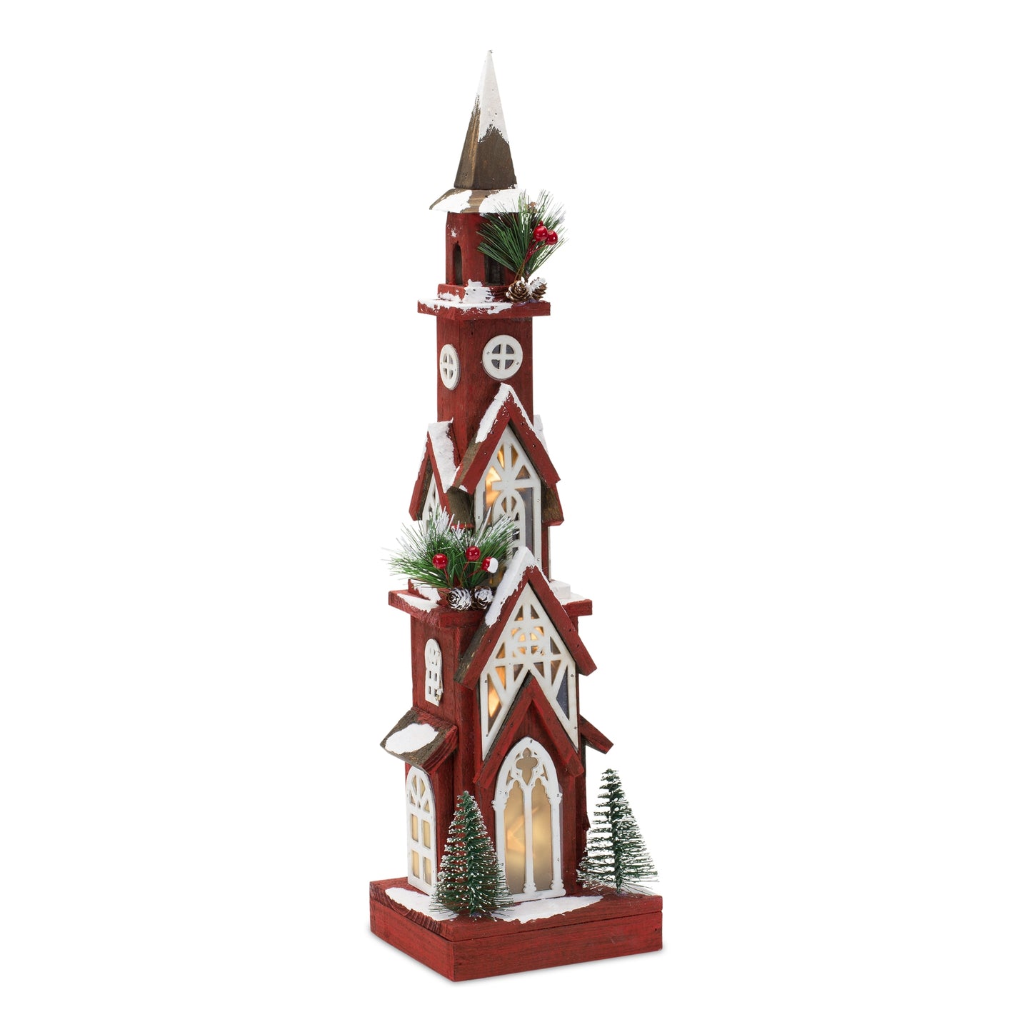 Lighted Winter Church Display with Pine Accents and Snowy Finish 19"H