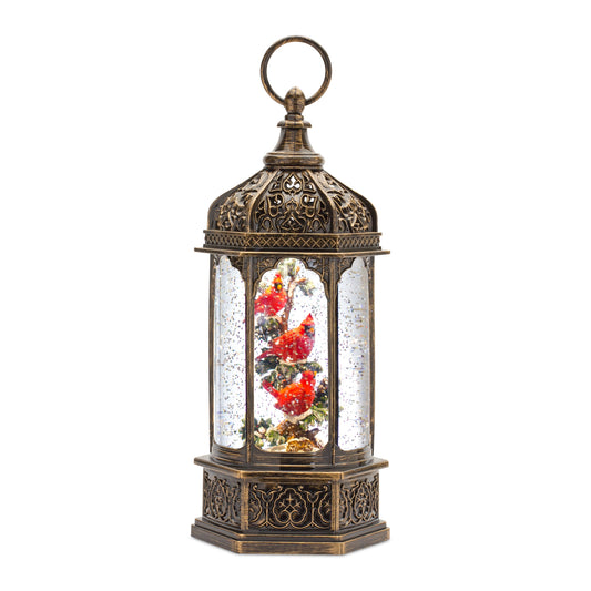 LED Snow Globe Lantern with Cardinal Bird Branch 13"H