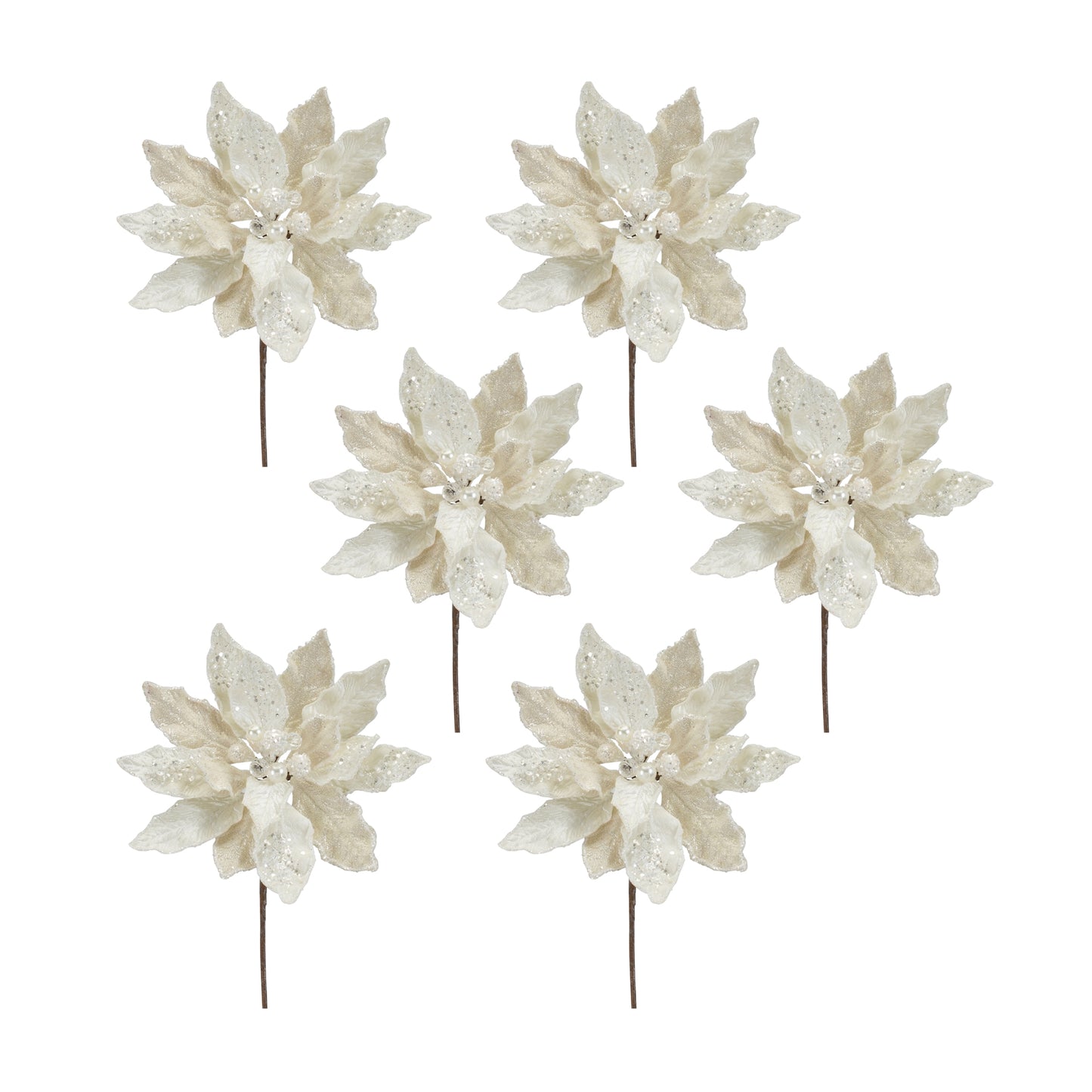 Ivory Velvet Poinsetta Stem with Gold Bead Accents (Set of 6)