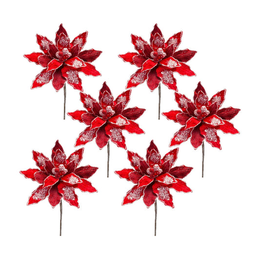Red Velvet Poinsetta Stem with Gold Bead Accents (Set of 6)