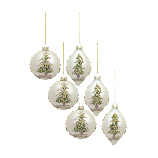 Painted Snowy Pine Tree Ball Ornament (Set of 6)