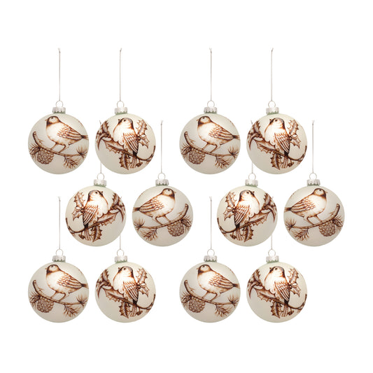Glass Ball Ornament with Painted Bird Branch Design (Set of 6)