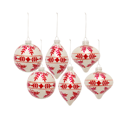 White and Red Leaf Pattern Ball Ornament (Set of 6)