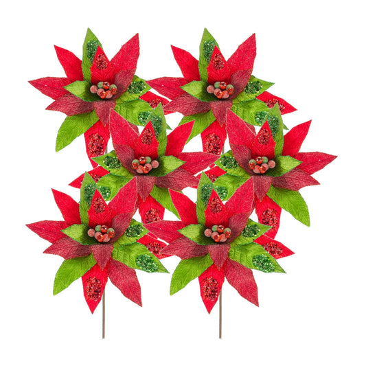 Frosted Red and Green Poinsetta Stem (Set of 6)