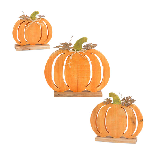 Wood Pumpkin Cut Out Décor with Metal Leaf Accent (Set of 3)