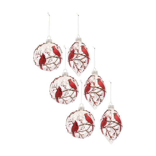 Snowy Cardinal Bird Ornament with Berry Branch Accent (Set of 6)