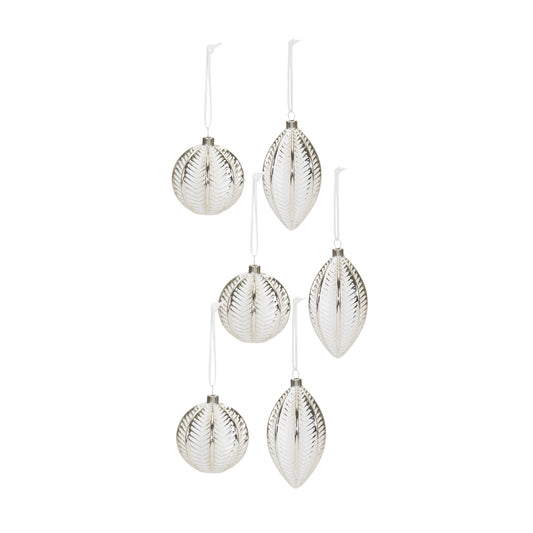 Ribbed Glass Ornament with White and Silver Finish (Set of 6)