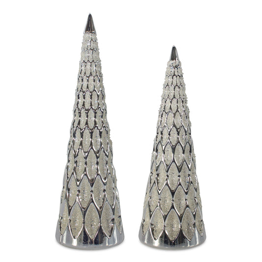 Silver Geometric Glass Holiday Tree with Bead Accent (Set of 2)