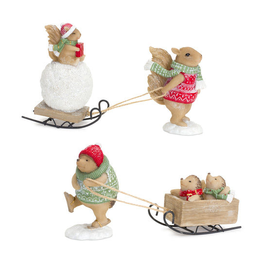 Woodland Animal Figurines with Sleds and Sweaters (Set of 2)
