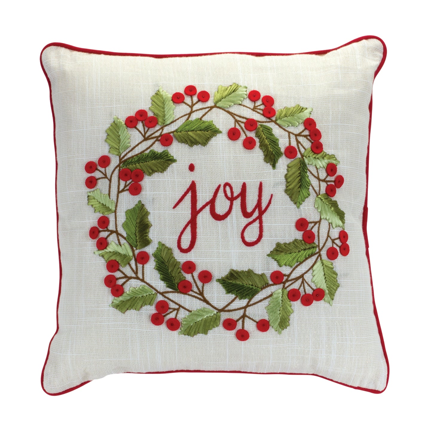 Joy Embroidered Holly Berry Wreath Throw Pillow 15"SQ