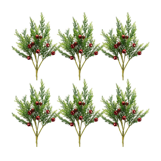 Varigated Pine Pick with Red Bells (Set of 6)