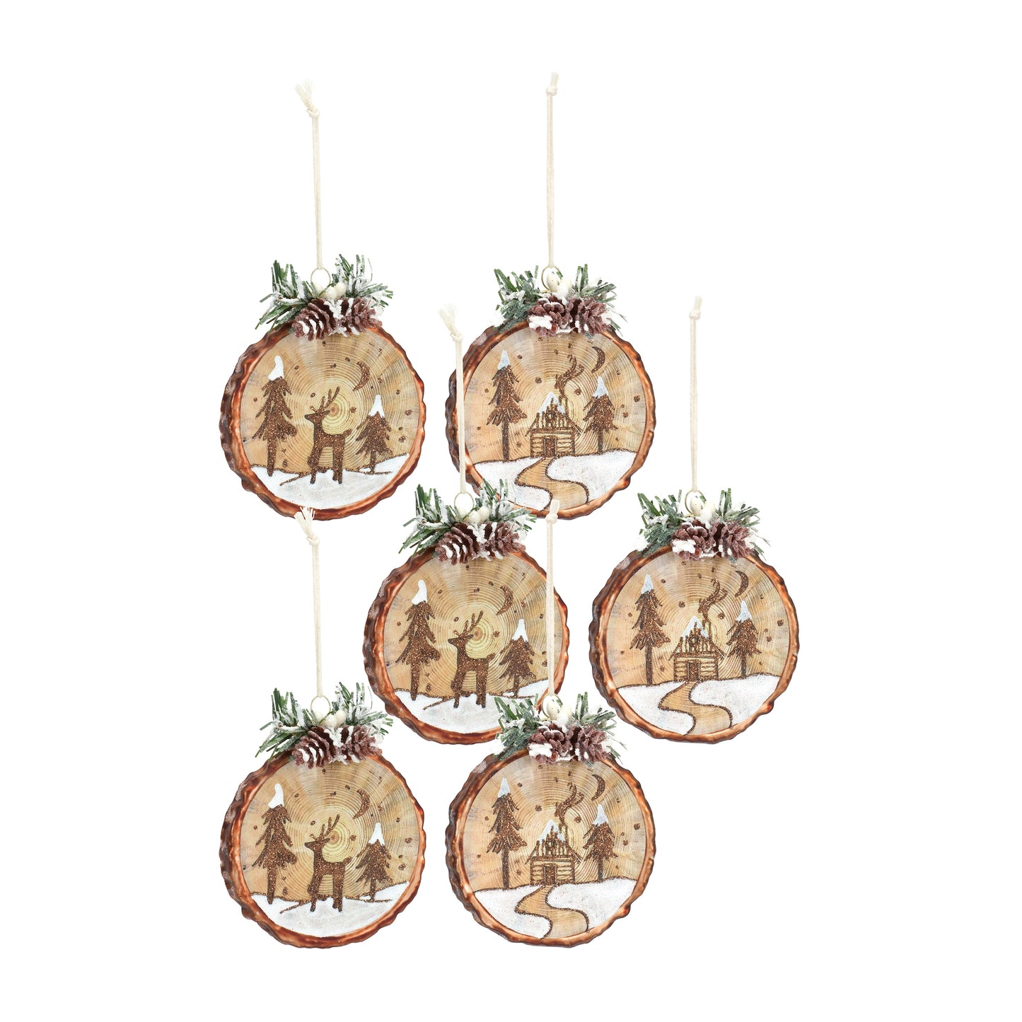 Glass Tree Disc Ornament with Etched Cabin and Woodland Design (Set of 6)