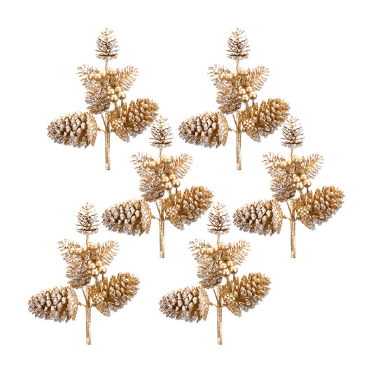 Gold Frosted Pine Cone Pick with Berry Accent (Set of 6)