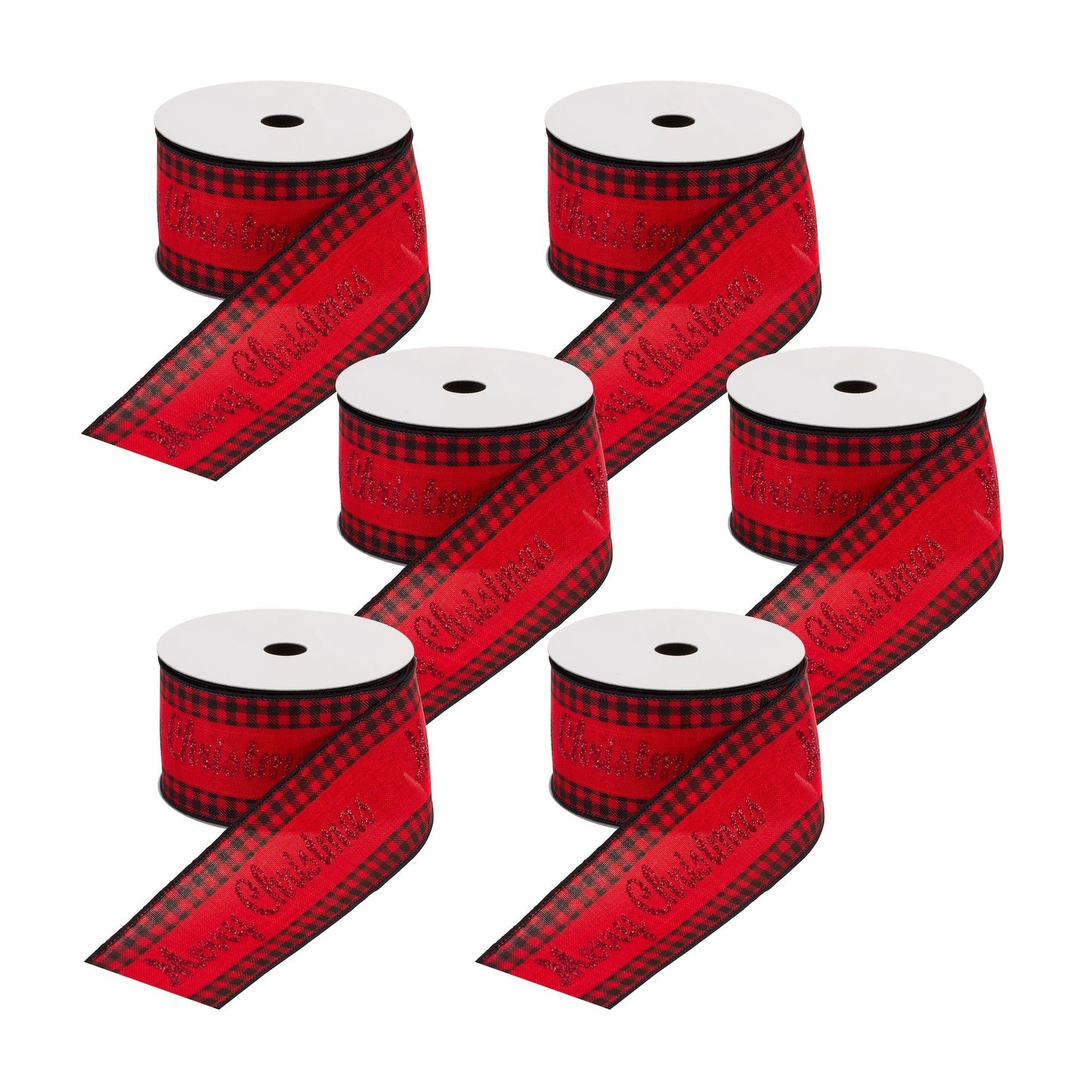 Wired Merry Christmas Ribbon with Buffalo Plaid Accent (Set of 6)