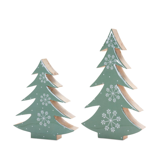 Wood Tabletop Tree Shape with Snowflakes (Set of 2)