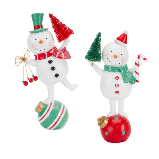 Snowman on Ornament Figurine (Set of 2)