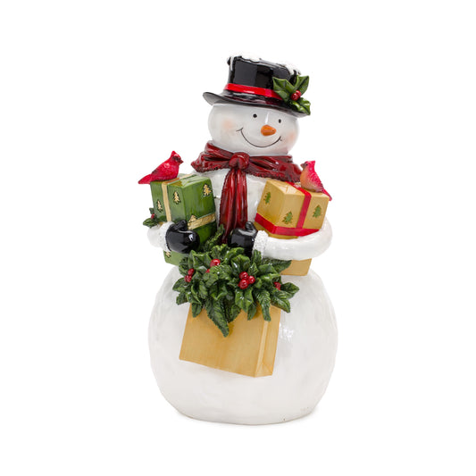 Whimsical Snowman Figurine with Presents and Cardinal Bird 12.25"H
