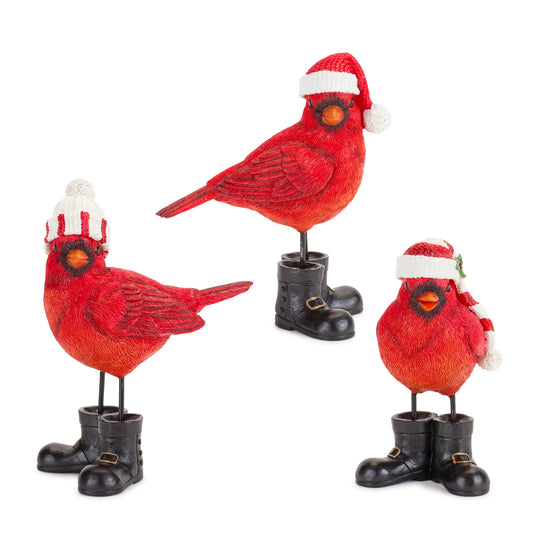 Winter Cardinal Bird Figurine with Santa Boots and Hat (Set of 3)