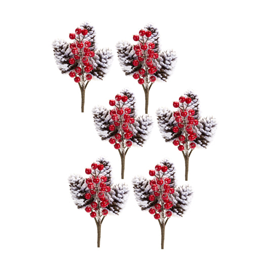 Flocked Snowy Pinecone and Berry Pick (Set of 6)