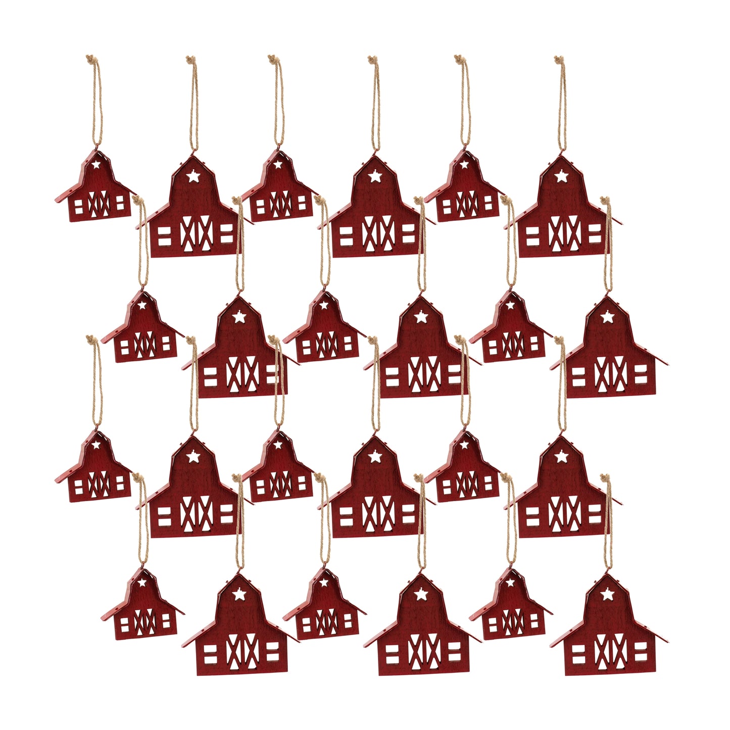 Rustic Wooden Barn Ornament with Metal Accent and Jute Hanger (Set of 24)
