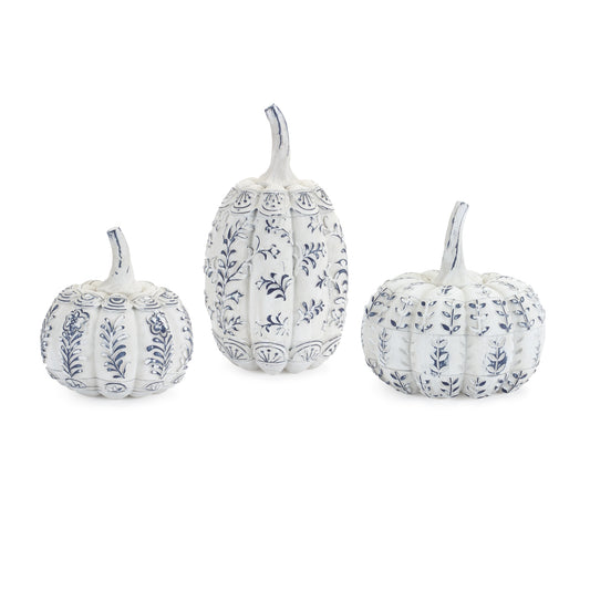 White Washed Pumpkin Décor with Blue Floral Print (Set of 3)