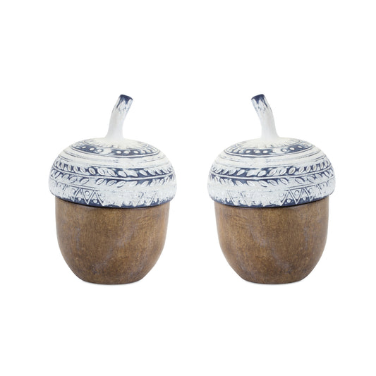 White Washed Acorn Lid Box with Wood Grain Design (Set of 4)
