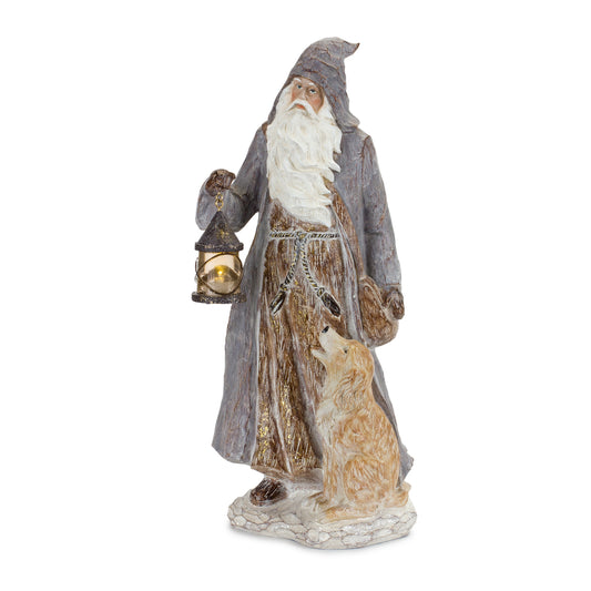 Rustic Hooded Santa with Lantern and Dog Figurine 14.25"H
