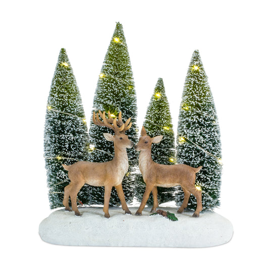 LED Lighted Deer and Bottle Brush Tree Display 11.25"L