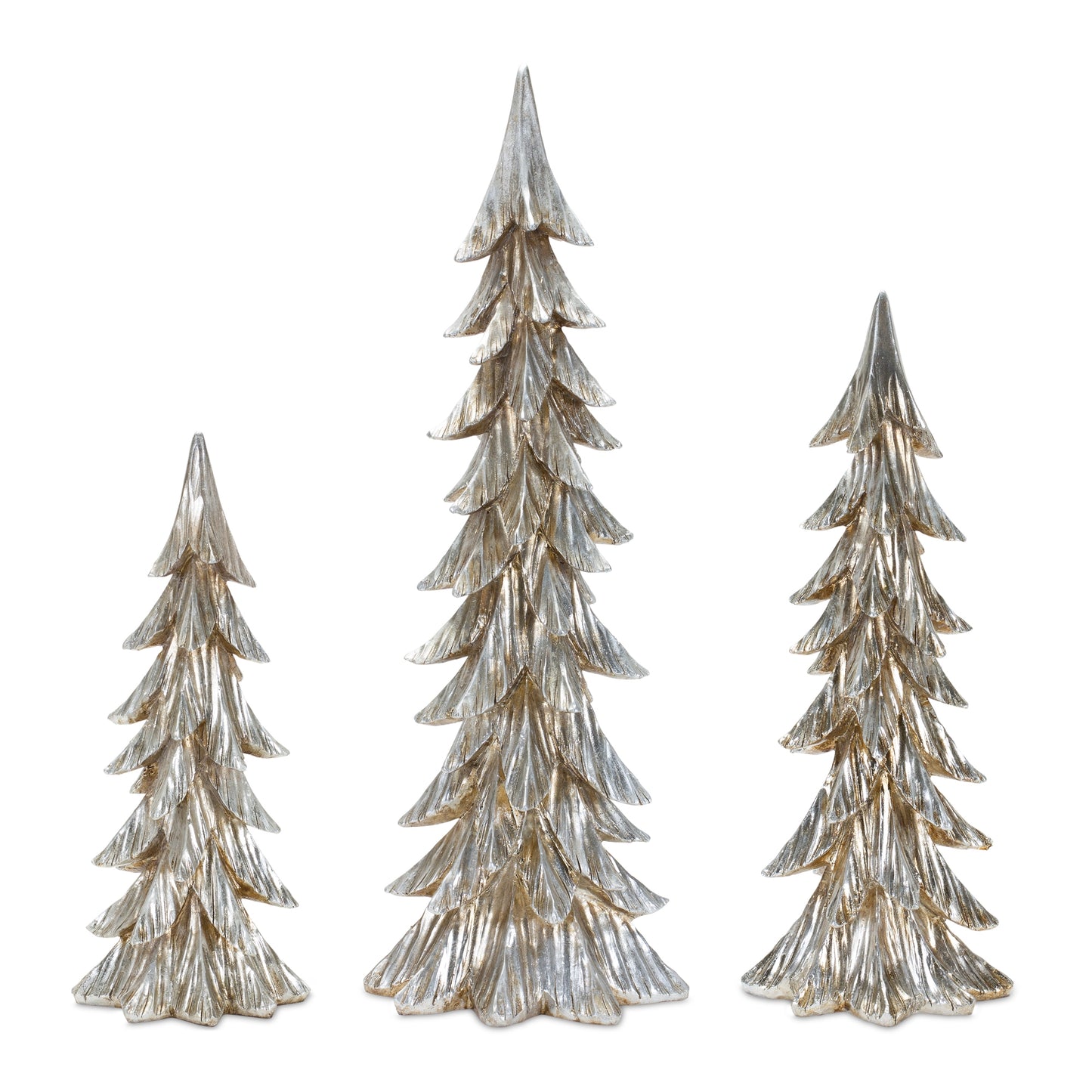 Carved Stone Pine Tree Décor with Silver Finish (Set of 3)