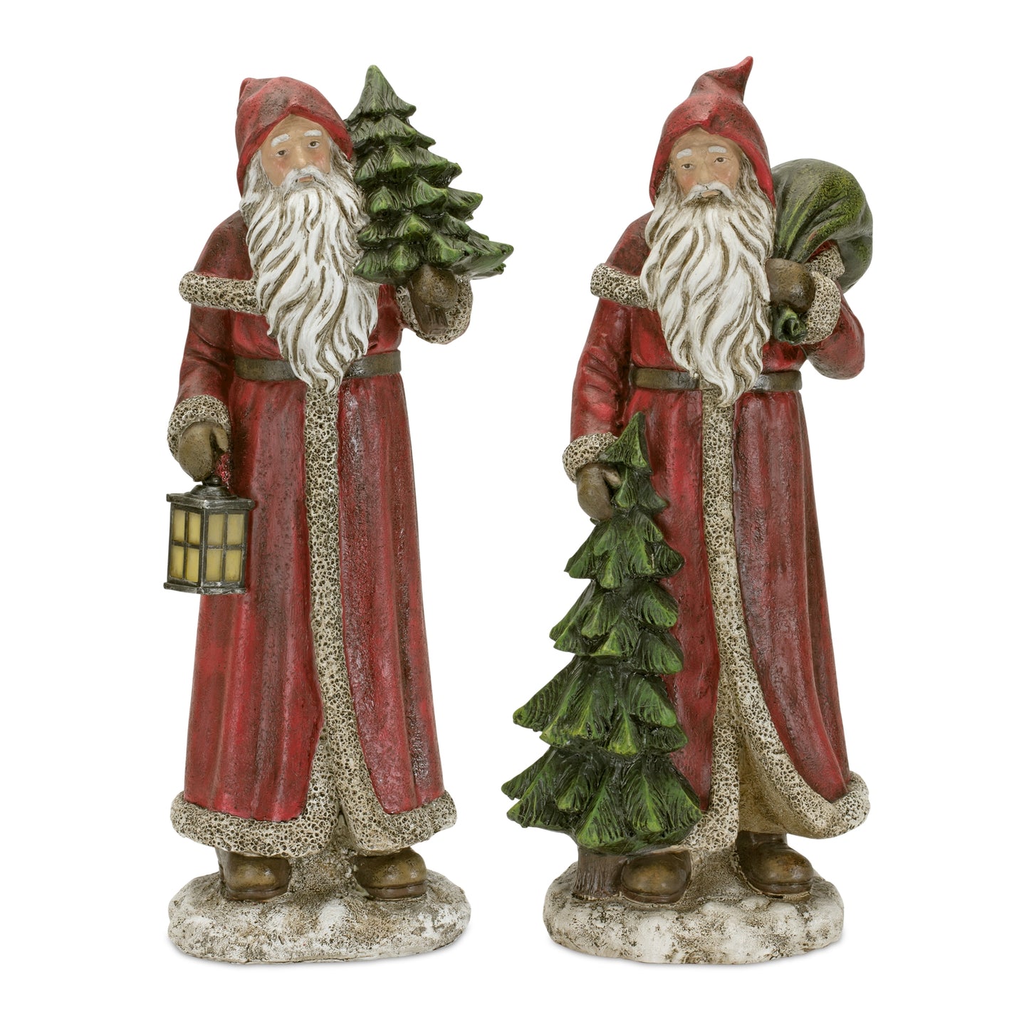 Rustic Stone Santa Figurine with Pine Tree and Lantern (Set of 2)