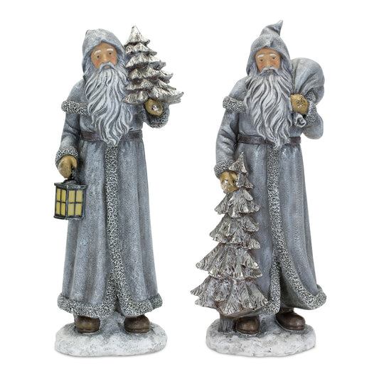 Silver Stone Santa Figurine with Pine Tree and Lantern (Set of 2)