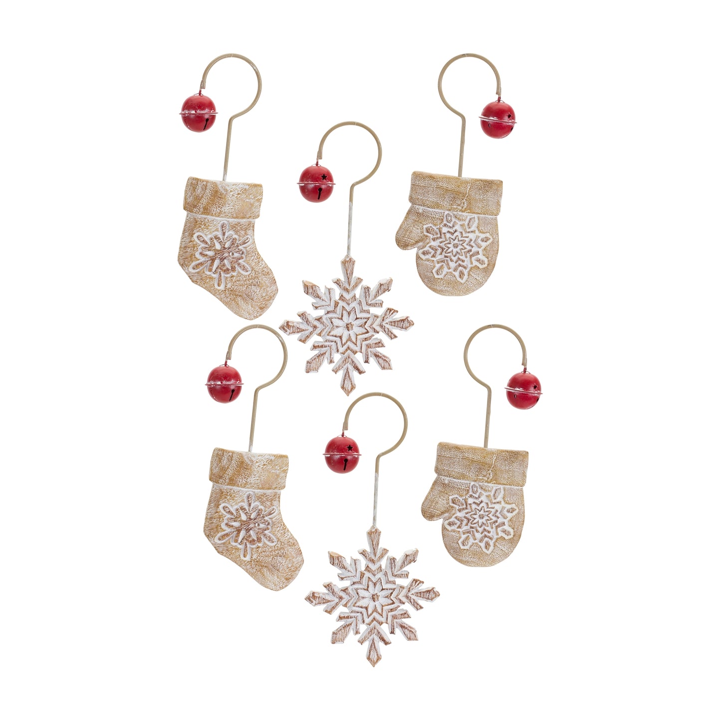 White Washed Stone Snowflake Ornmanet with Bell Accent (Set of 6)