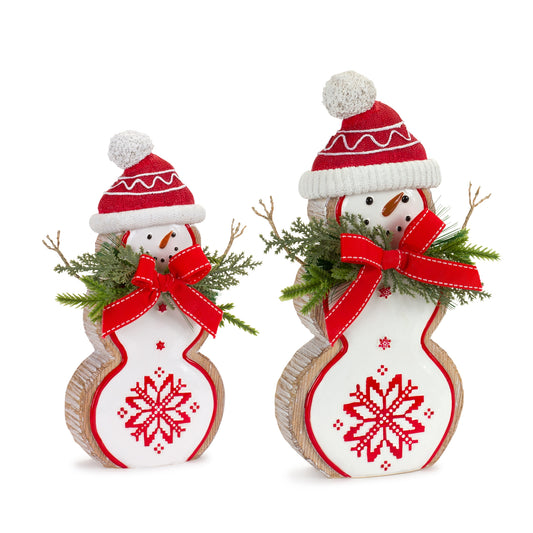 Nordic Snowflake Snowman Figurine with Pine Bow Accent (Set of 2)