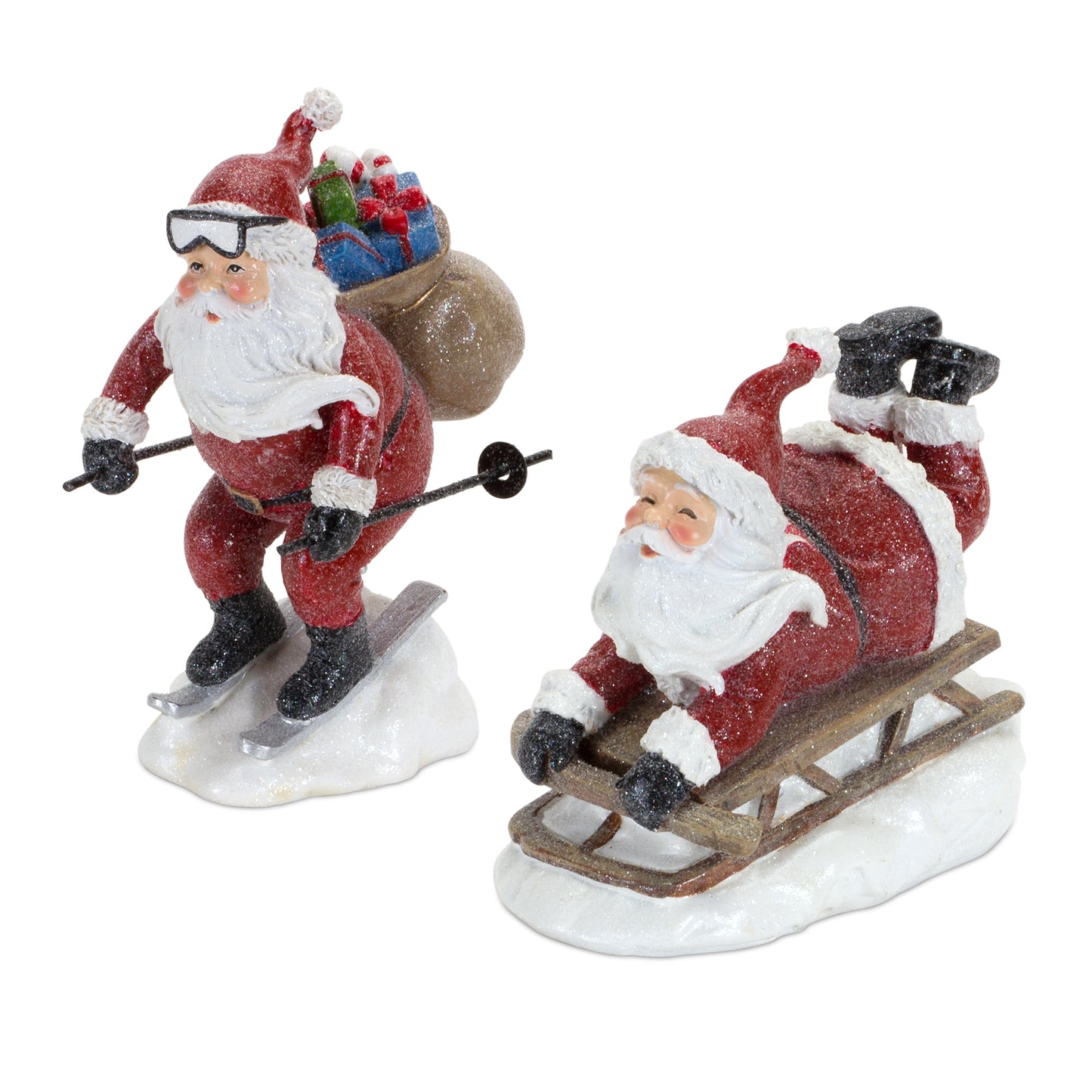 Santa on Skis and Sled Figurine (Set of 2)