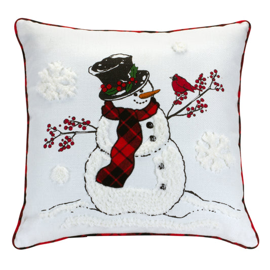 Whimsical Embroidered Snowman and Cardinal Bird Pillow 17"SQ