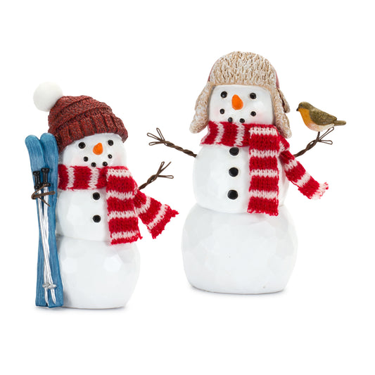 Whimsical Snowman Figurine with Bird and Ski Accent (Set of 2)