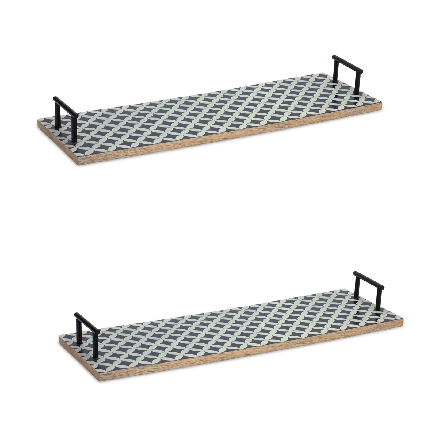 Mango Wood Tray with Geometric Design and Metal Handle Accents (Set of 2)