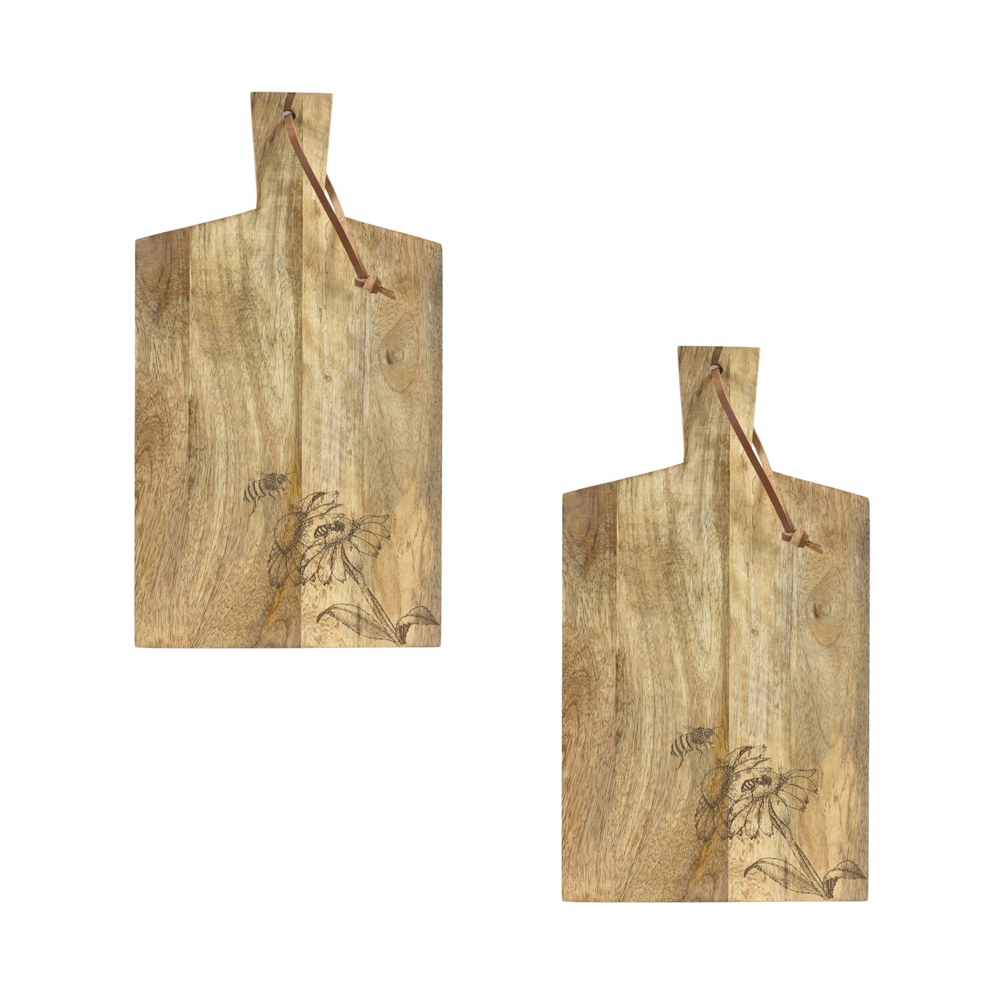 Natural Mango Wood Cutting Board with Etched Floral and Bee Design (Set of 2)