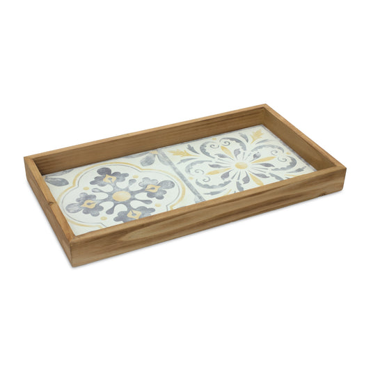 Wood Tray with Vintage Tile Design 17"L