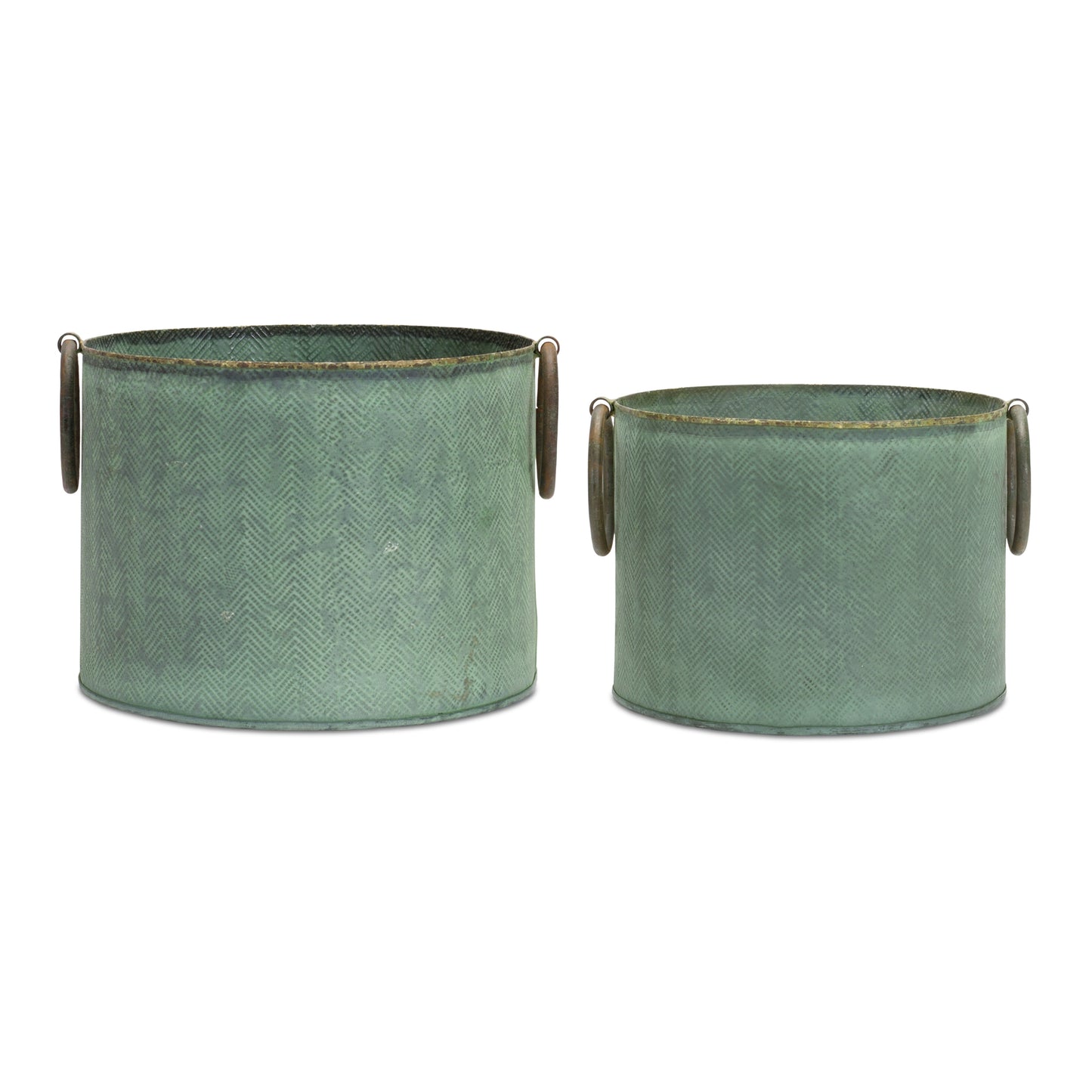 Round Metal Tub Platner with Distressed Green Finish (Set of 2)