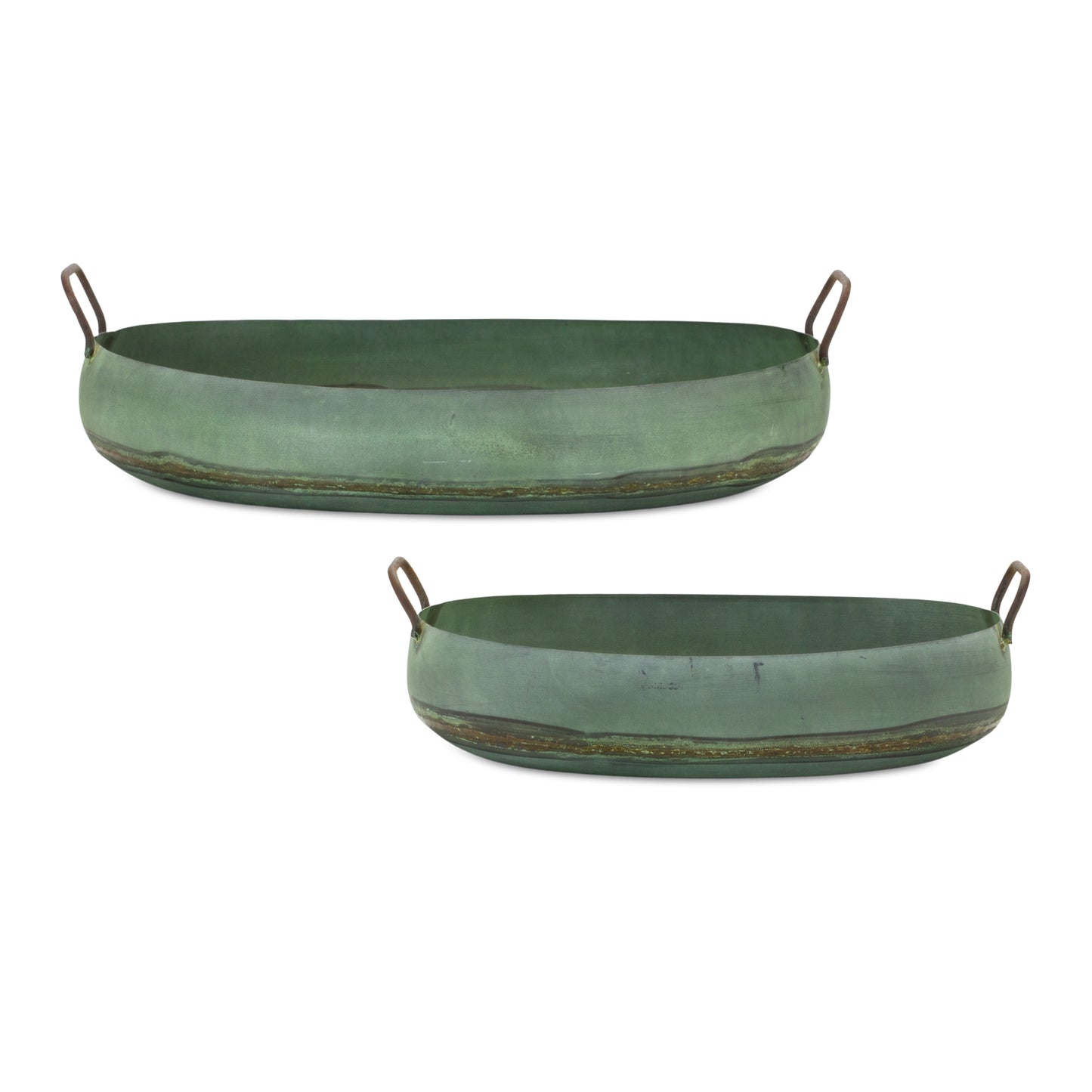 Metal Oval Tray Platner with Distressed Green Finish (Set of 2)