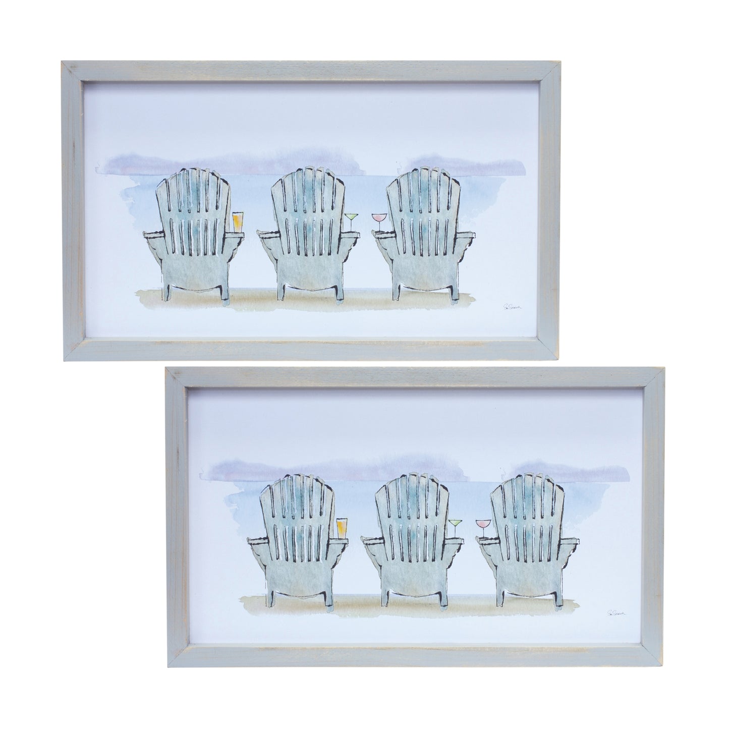 Watercolor Beach Chair Print with Fir Wood Frame (Set of 2)