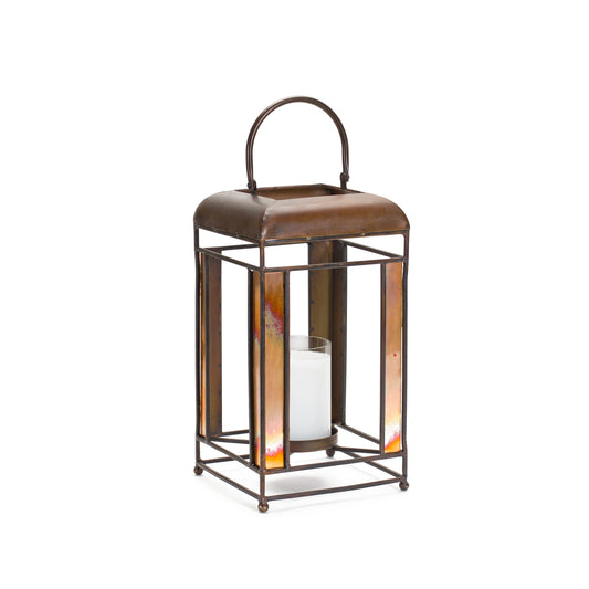 Brozne Metal Candle Holder with Amber Glass Panes and Hurricane 13.5"H