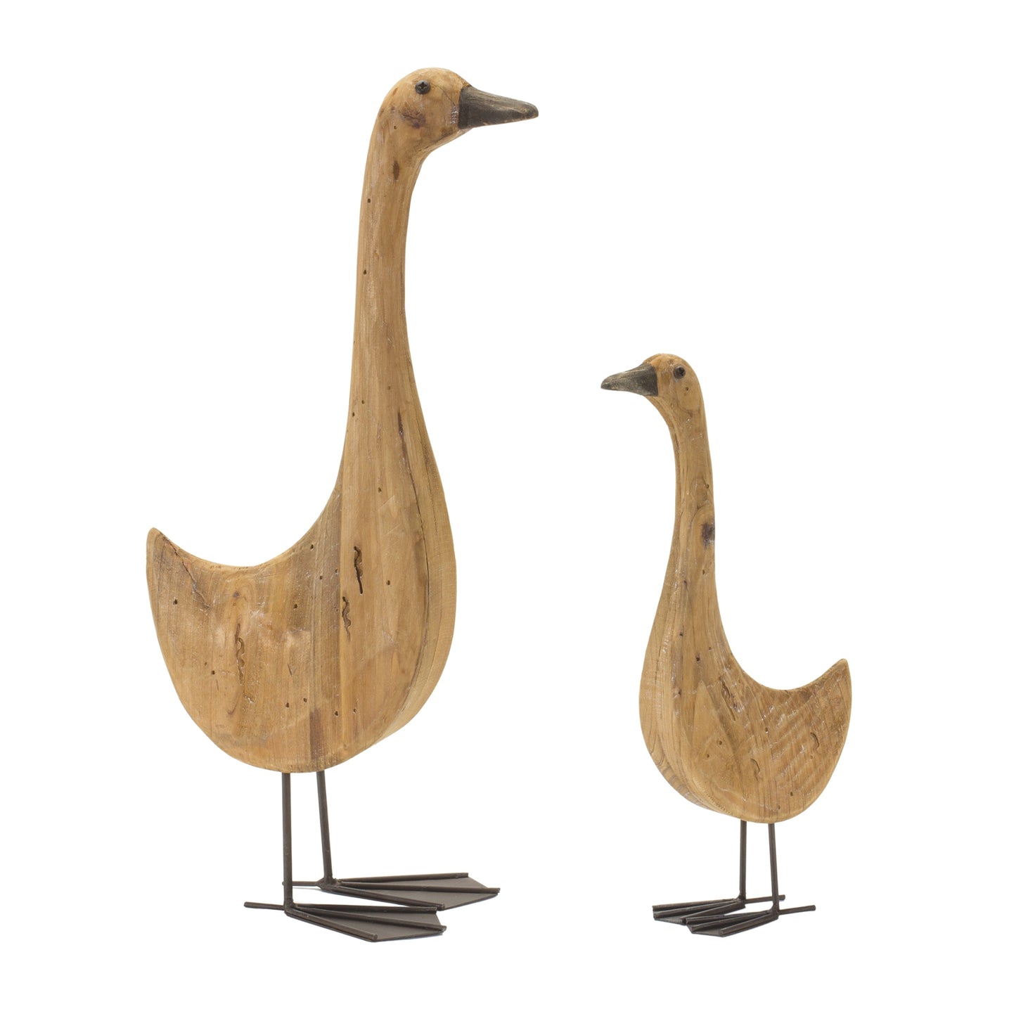 Natural Fir Wood Goose Figurine with Rustic Metal Accents (Set of 2)