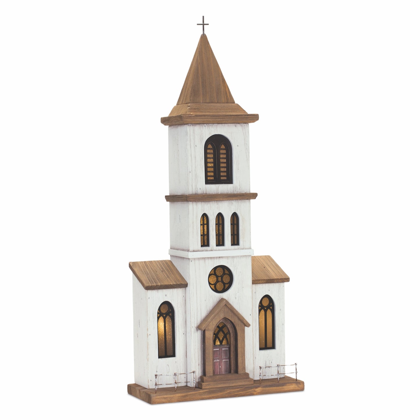 Lighted Natural Wooden Church Display with Rustic Metal Accents 25.25"H