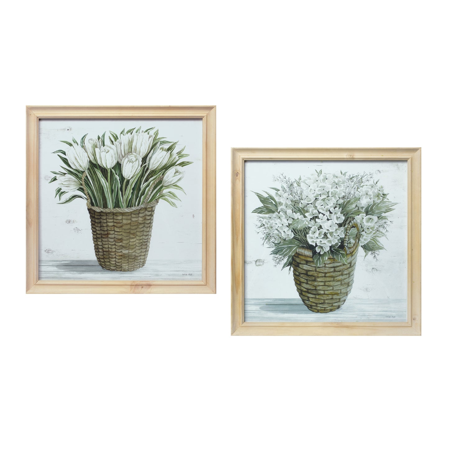 Wood Framed Floral Basket Print (Set of 2) 17"SQ Wood/Glass