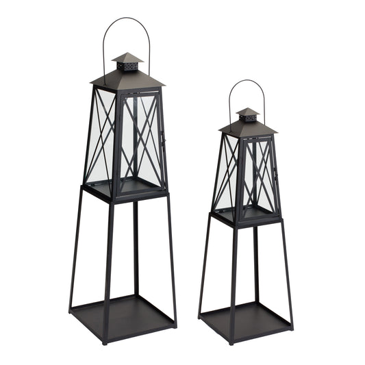 Traditional Metal Lantern with Tapered Stand (Set of 2)